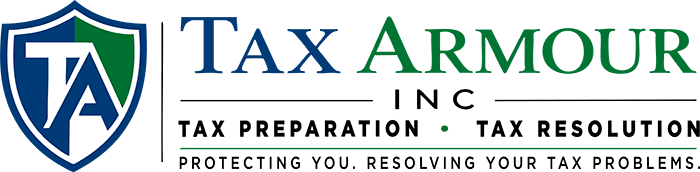 TA-logo Tax Armour Inc. logo with shield icon, company name, and tagline: “Tax Preparation · Tax Resolution. Protecting you. Resolving your tax problems.”.